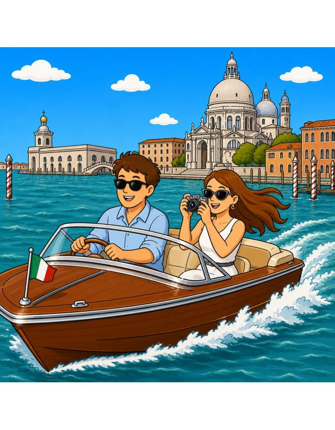 disegno di In motoscafo nella Laguna di Venezia a colori