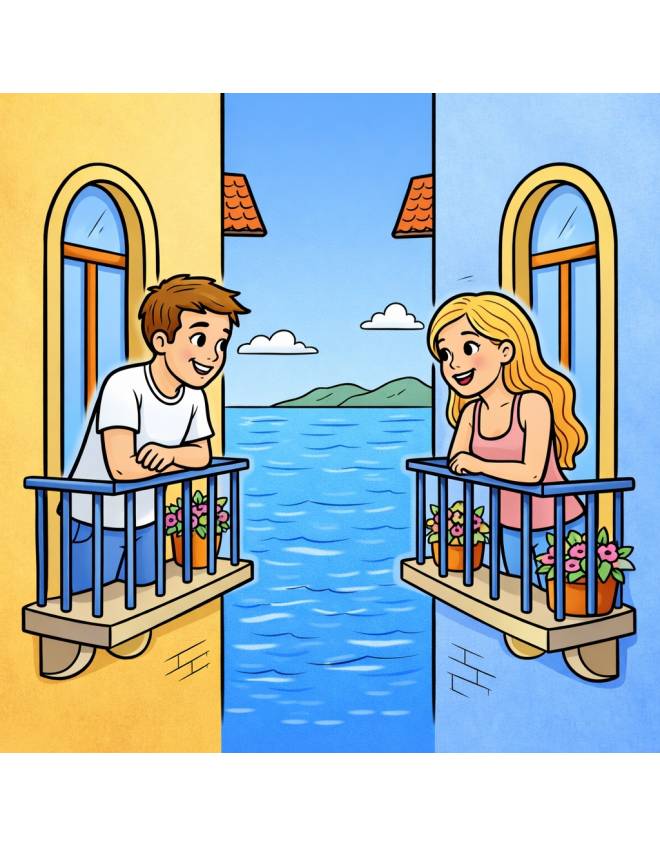 disegno di Innamorati che Conversano sul Balcone a colori