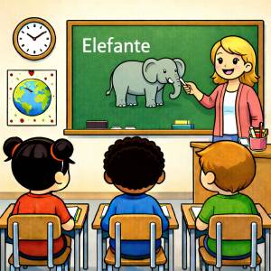 Disegno di Insegnante che spiega la Parola Elefante  a colori