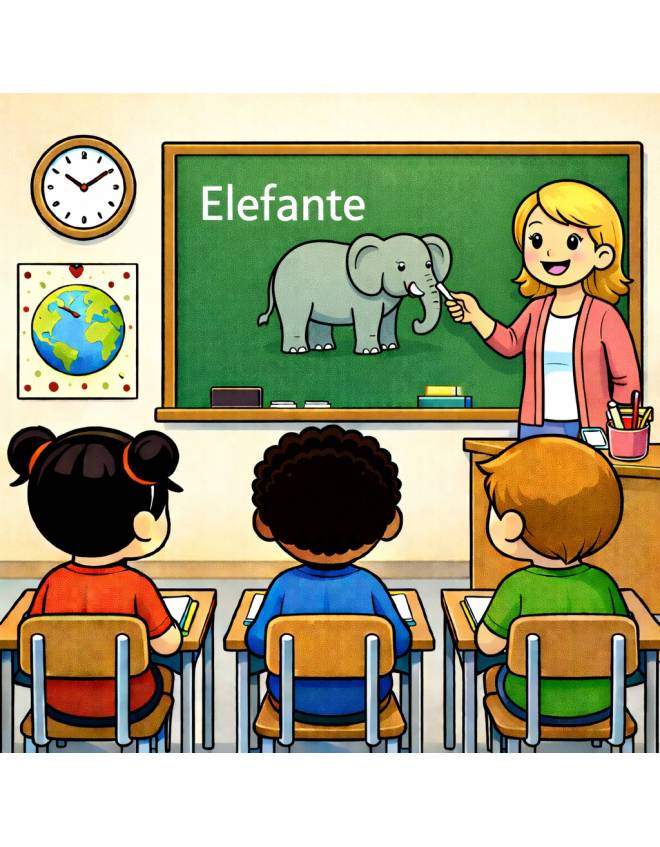 disegno di Insegnante che spiega la Parola Elefante  a colori