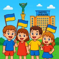Disegno di Bambini a Kiev con Bandiera Ucraina  a colori