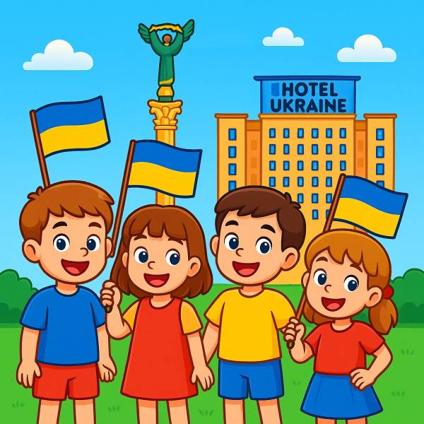 Disegno di Bambini a Kiev con Bandiera Ucraina a colori