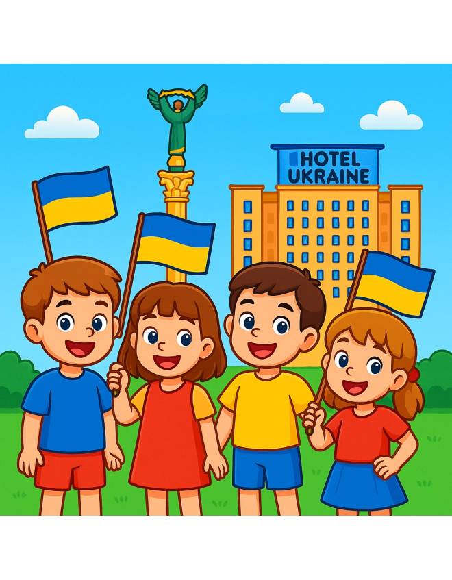 disegno di Bambini a Kiev con Bandiera Ucraina  a colori