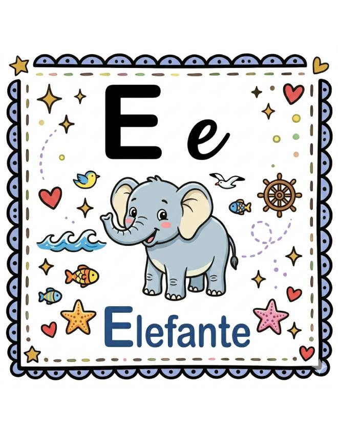 disegno di Lettera E di Elefante Alfabeto Illustrato  a colori