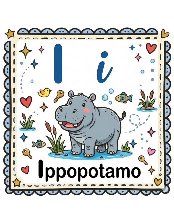 disegno di Lettera I di Ippopotamo Alfabeto Illustrato  a colori