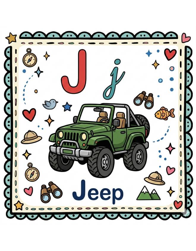 disegno di Lettera J di Jeep Alfabeto Illustrato  a colori