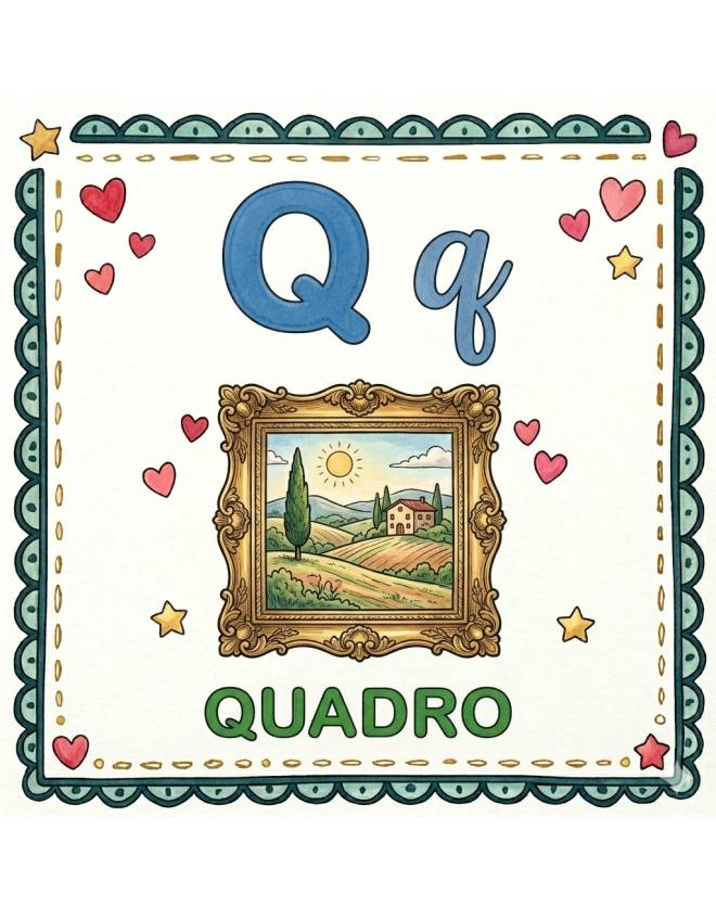 disegno di Lettera Q di Quadro Alfabeto Illustrato  a colori