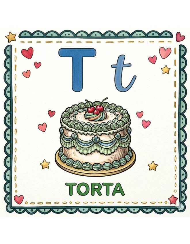 disegno di Lettera T di Torta Alfabeto Illustrato  a colori