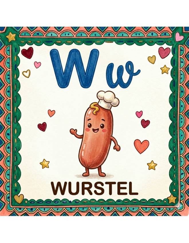 disegno di Lettera W di Wurstel Alfabeto Illustrato  a colori