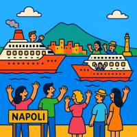 Disegno di Navi da Crociera nel Porto di Napoli a colori
