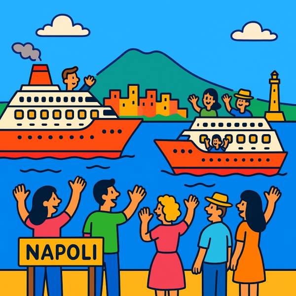 Disegno di Navi da Crociera nel Porto di Napoli a colori