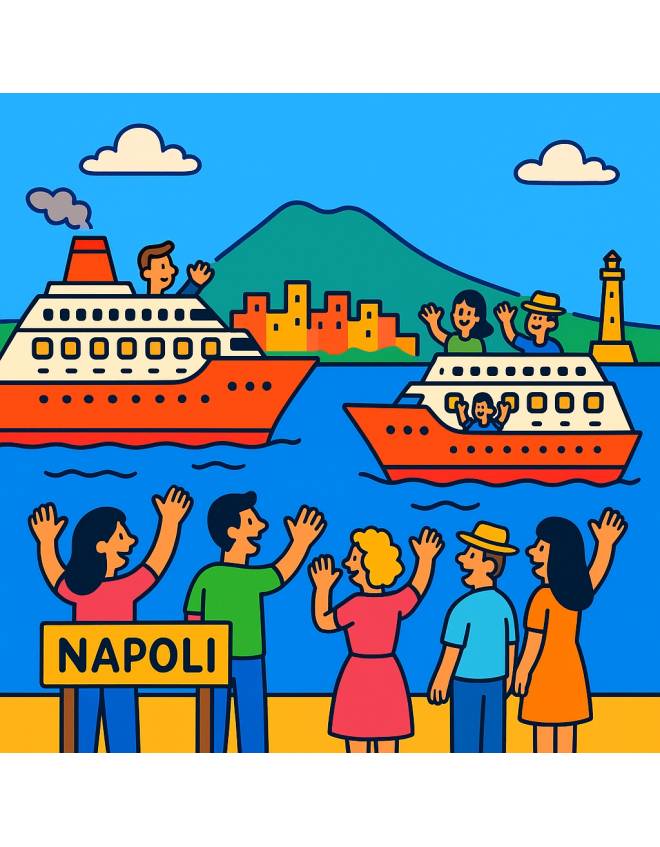 disegno di Navi da Crociera nel Porto di Napoli  a colori