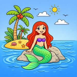 Disegno di Sirena su Isola Deserta a colori