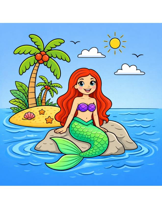 disegno di Sirena su Isola Deserta a colori