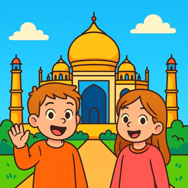 Disegno di Bambini in Viaggio al Taj Mahal in India a colori