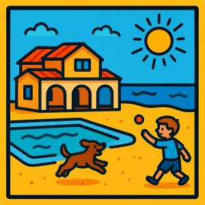 Disegno di Villa al Mare con Piscina con Bimbo e Cane a colori
