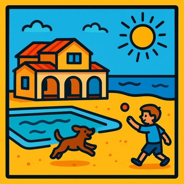 Disegno di Villa al Mare con Piscina con Bimbo e Cane a colori