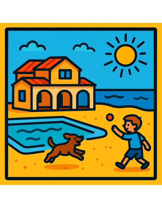 disegno di Villa al Mare con Piscina con Bimbo e Cane a colori