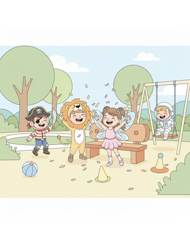 disegno di Bambini con vestiti di Carnevale al Parco a colori