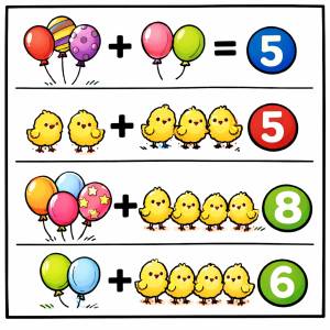 Disegno di Addizioni con Palloncini e Pulcini a colori