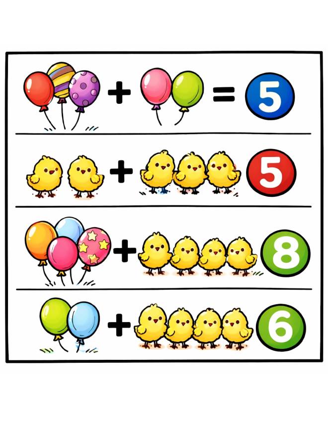 disegno di Addizioni con Palloncini e Pulcini a colori