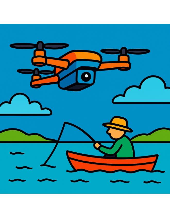 disegno di Drone che riprende un Pescatore a colori