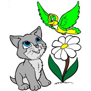 Disegno di Gattino e Uccellino a colori