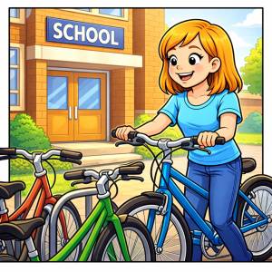 disegno di Ragazza che va a Scuola in Bici a colori