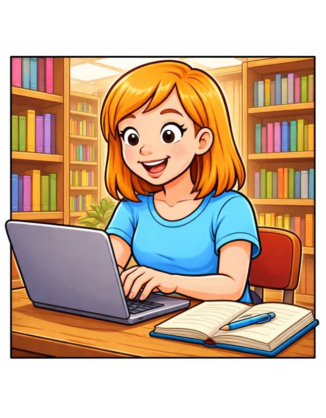 disegno di Ragazza in Biblioteca che Studia a colori