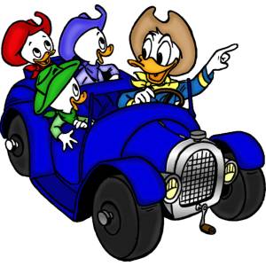 Disegno di Qui Quo Qua e Paperino in Auto a colori