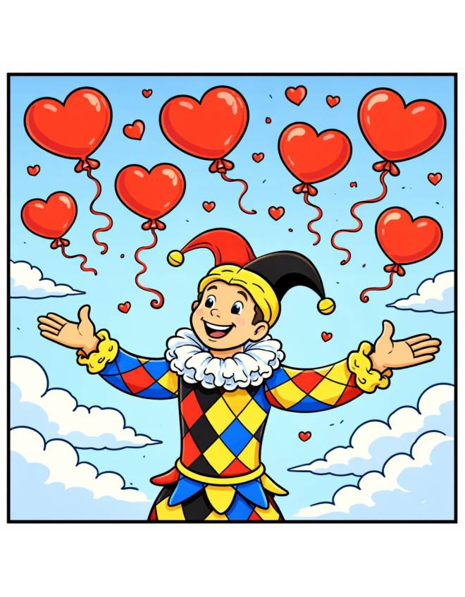 disegno di Allerchino e Palloncini a Forma di Cuore a colori