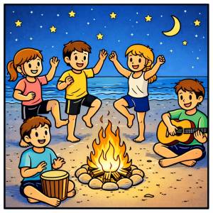 disegno di Ragazzi Ballano Attorno al Fuoco a colori