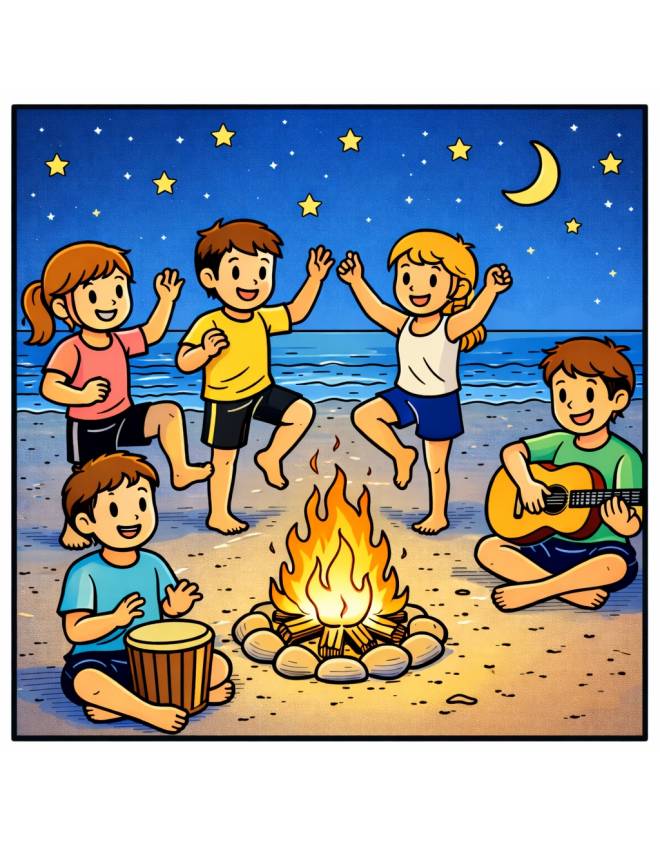 disegno di Ragazzi Ballano Attorno al Fuoco a colori