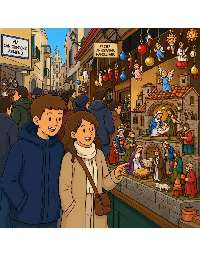disegno di Presepi in Via San Gregorio Armeno a Napoli  a colori