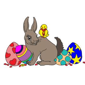 Disegno di Coniglio e Uccellino di Pasqua a colori