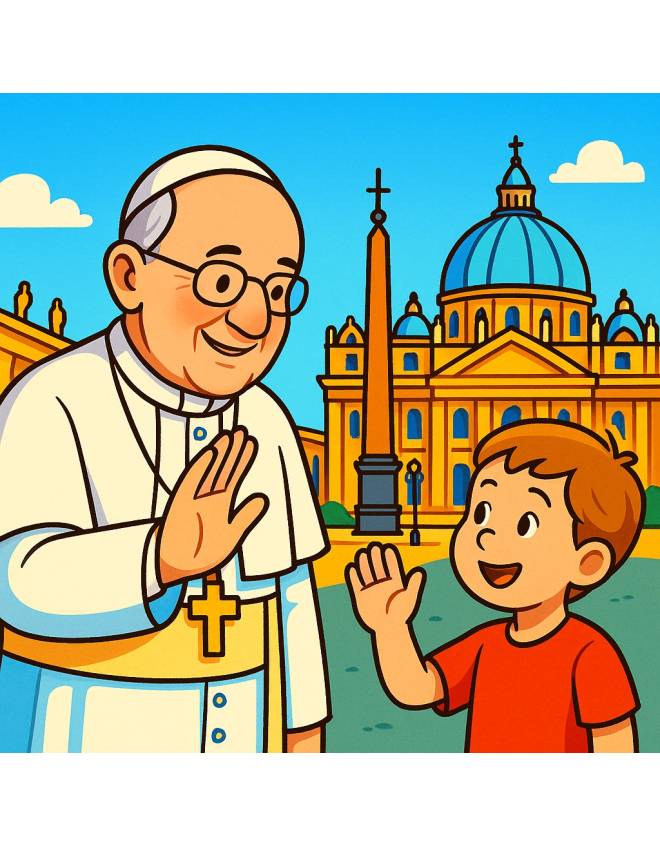 disegno di Papa Leone XIV che Saluta un Bambino a colori