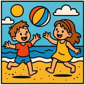Disegno di Bambini che Giocano con la Palla in Spiaggia a colori