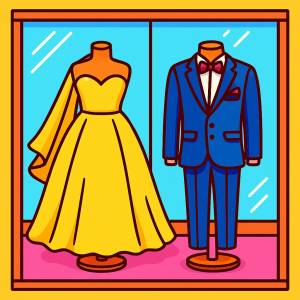 Disegno di Abiti da Cerimonia in Vetrina a colori