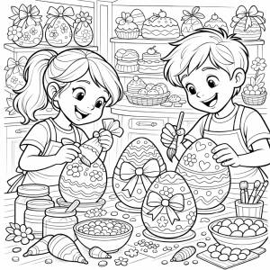 Disegno di Bambini che Decorano Uova Pasquali da colorare