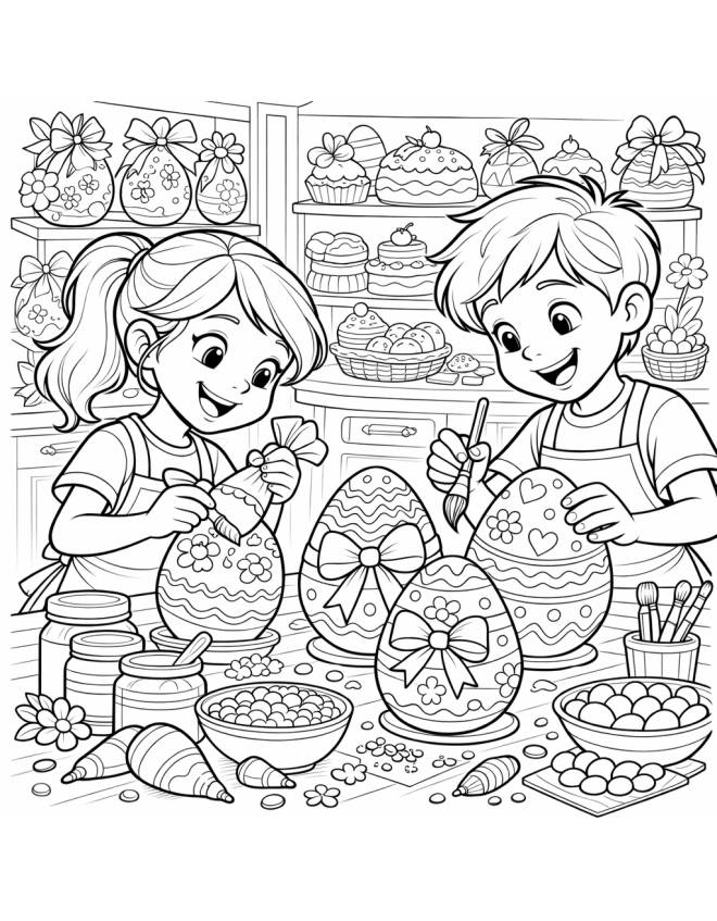 disegno di Bambini che Decorano Uova Pasquali da colorare