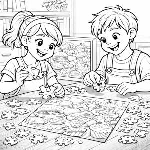 Disegno di Coppia che fa Puzzle di Alimenti  da colorare