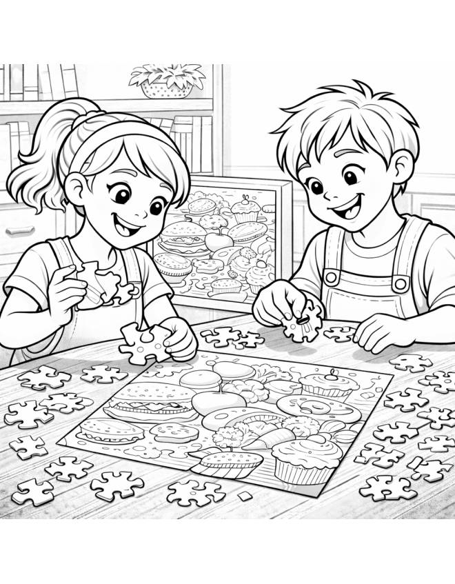 disegno di Coppia che fa Puzzle di Alimenti  da colorare