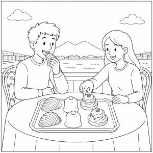 Disegno di Coppia che Mangia Dolci Napoletani da colorare