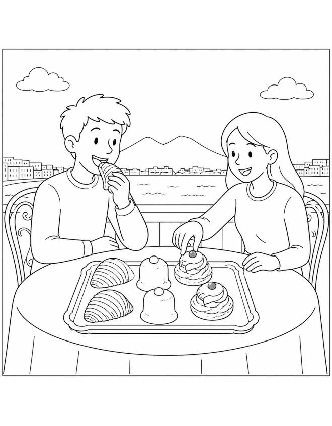disegno di Coppia che Mangia Dolci Napoletani  da colorare