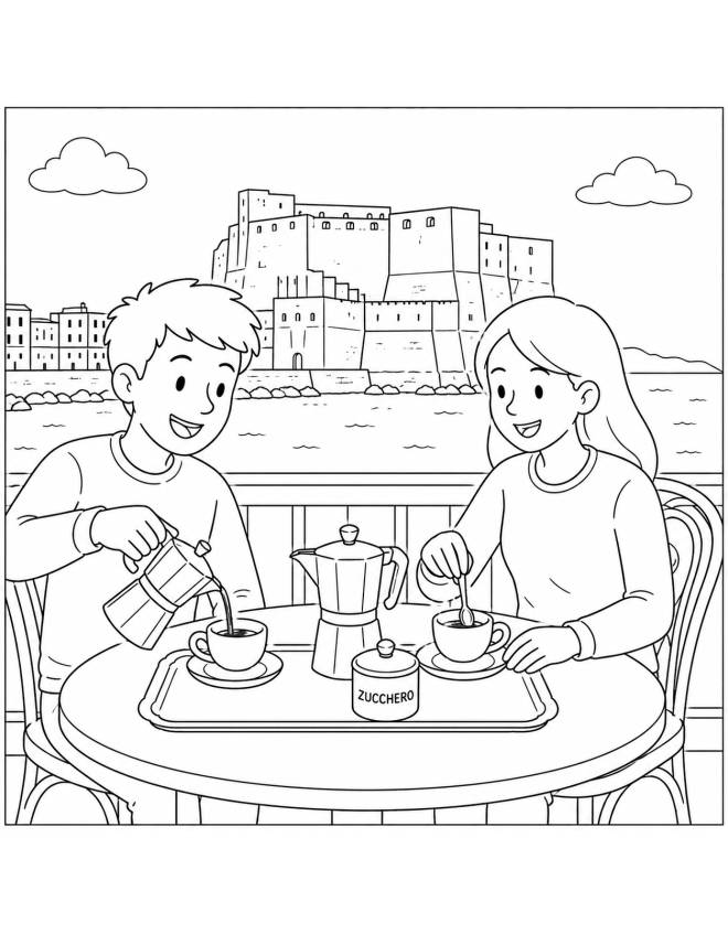 disegno di Coppia Beve Caffè A Napoli da colorare