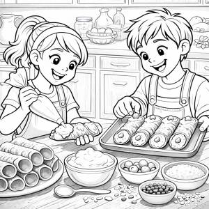 Disegno di Bambini Preparano Cannoli Siciliani  da colorare