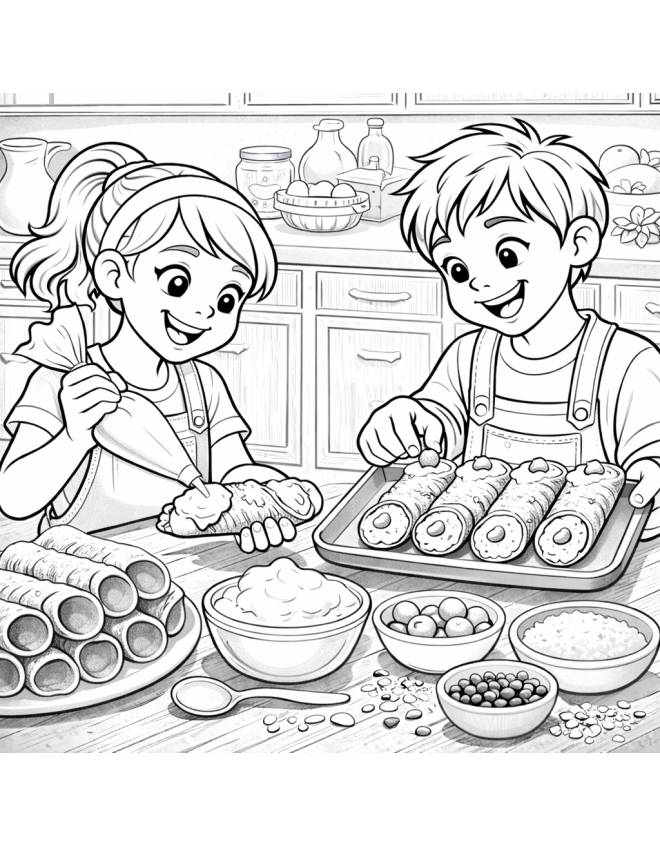 disegno di Bambini Preparano Cannoli Siciliani  da colorare