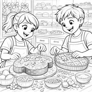 Disegno di Bambini Decorano Dolci Pasquali da colorare