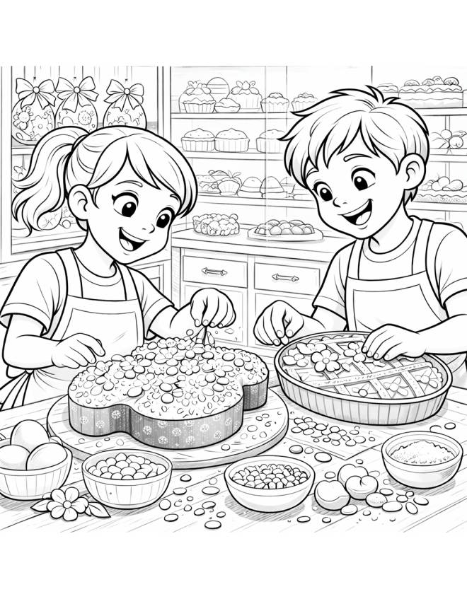 disegno di Bambini Decorano Dolci Pasquali da colorare