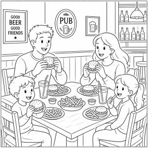 Disegno di Famiglia al Pub che Mangia da colorare